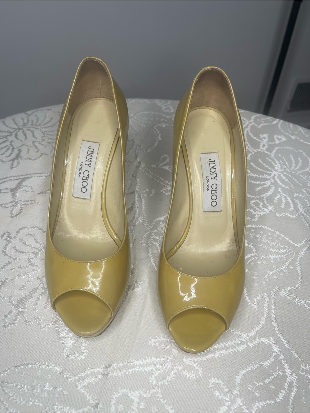 Jimmy Choo Yellow Patent Leather Peep-Toe Pumps